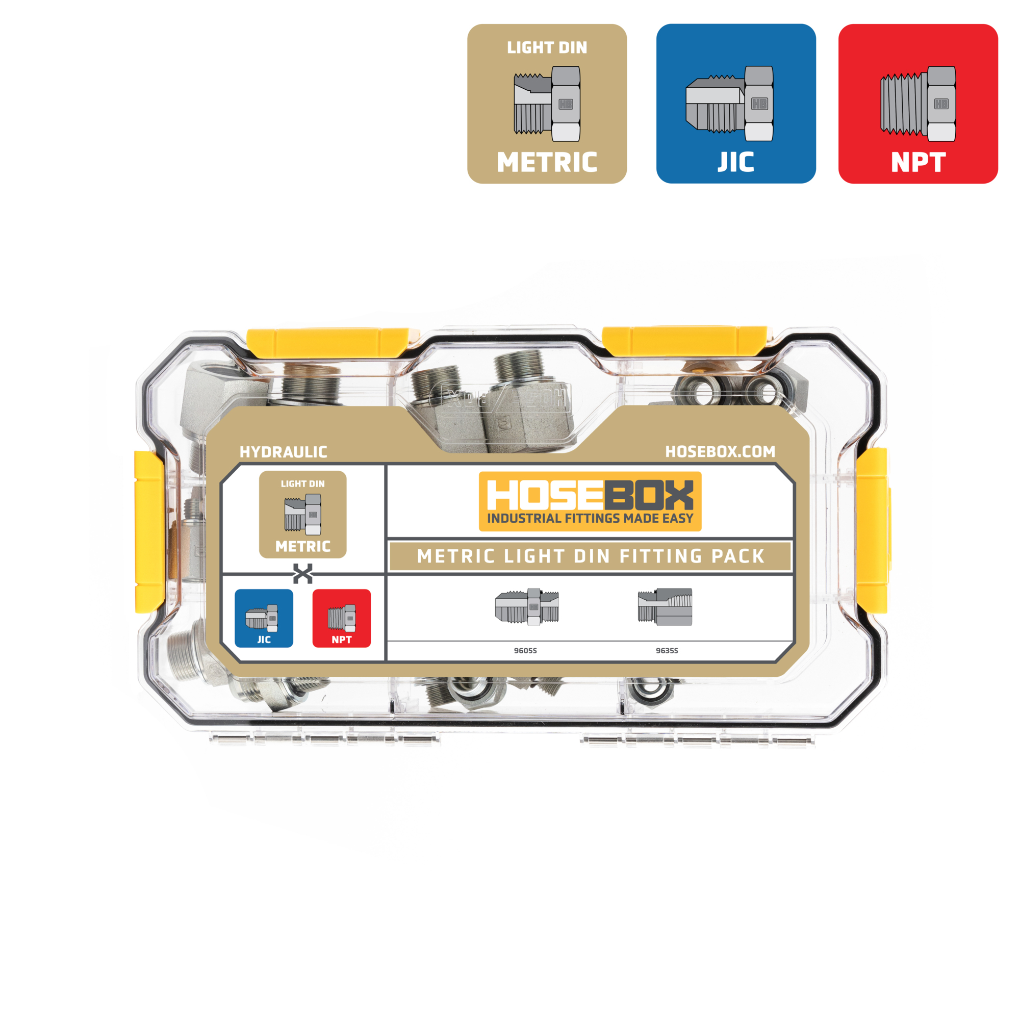 HoseBox, METRIC LIGHT DIN-JIC-NPT KIT - 24 Adapters, Fitting Size Other in, Model# HB2027-003